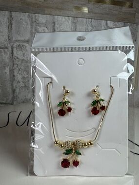 Gold Cherry Pendant Necklace and Earrings Set - Red and Green